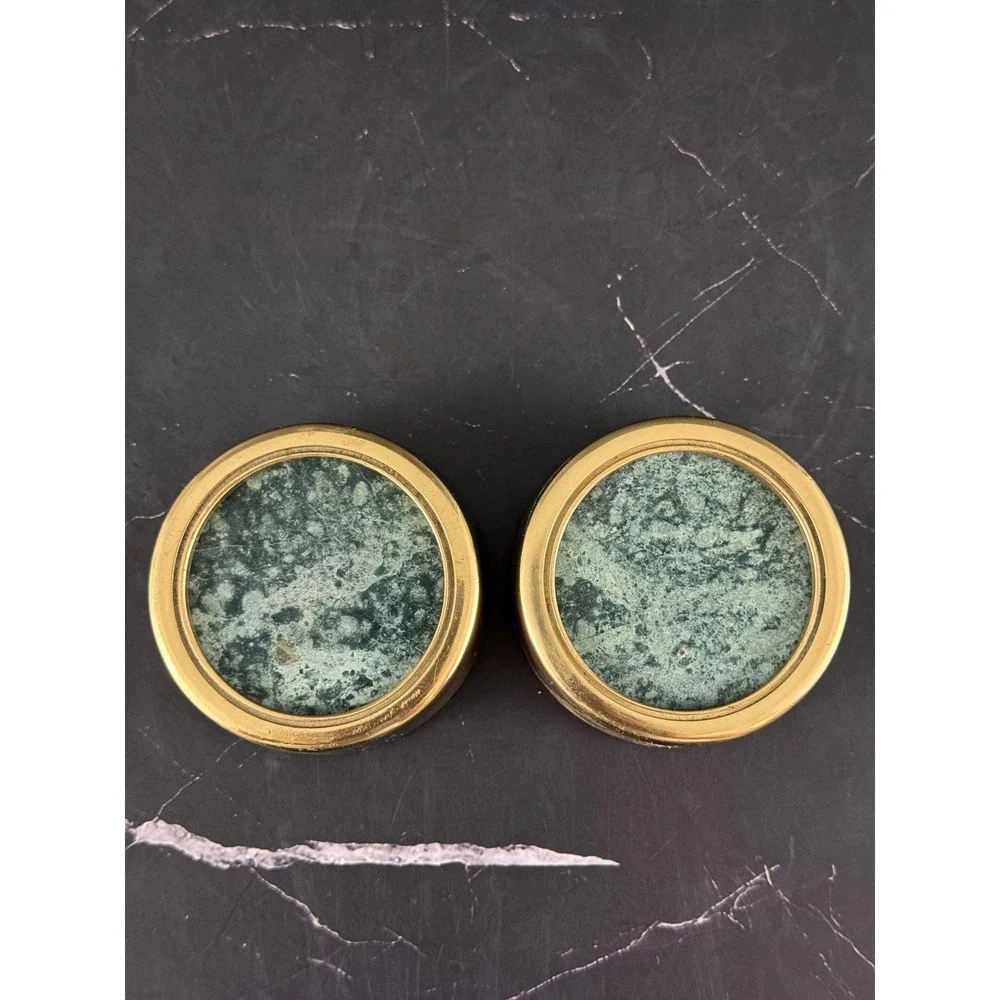 VTG PAIR (2) Round Brass and Green Stone Paperweights 2 1/2